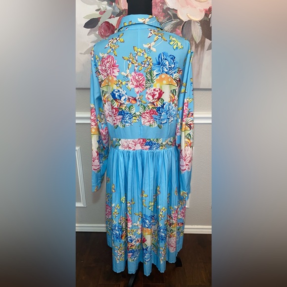 Blue Floral Collared Bishop Sleeve Dress || Size 2XL - Picture 11 of 14